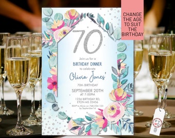 Floral Birthday Invitation Template: Aqua, Silver, Pink Glitter (Printable)