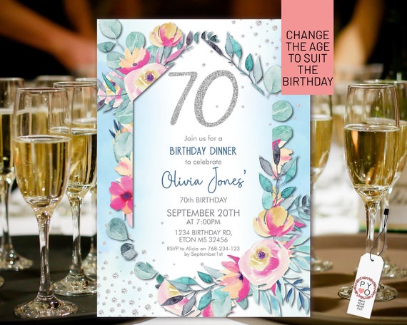 Any Age Birthday Aqua Silver Pink Floral Glitter Diamond Invitation Printable Template, Blue Editable Floral Women,  Blush Flowers Numbers
