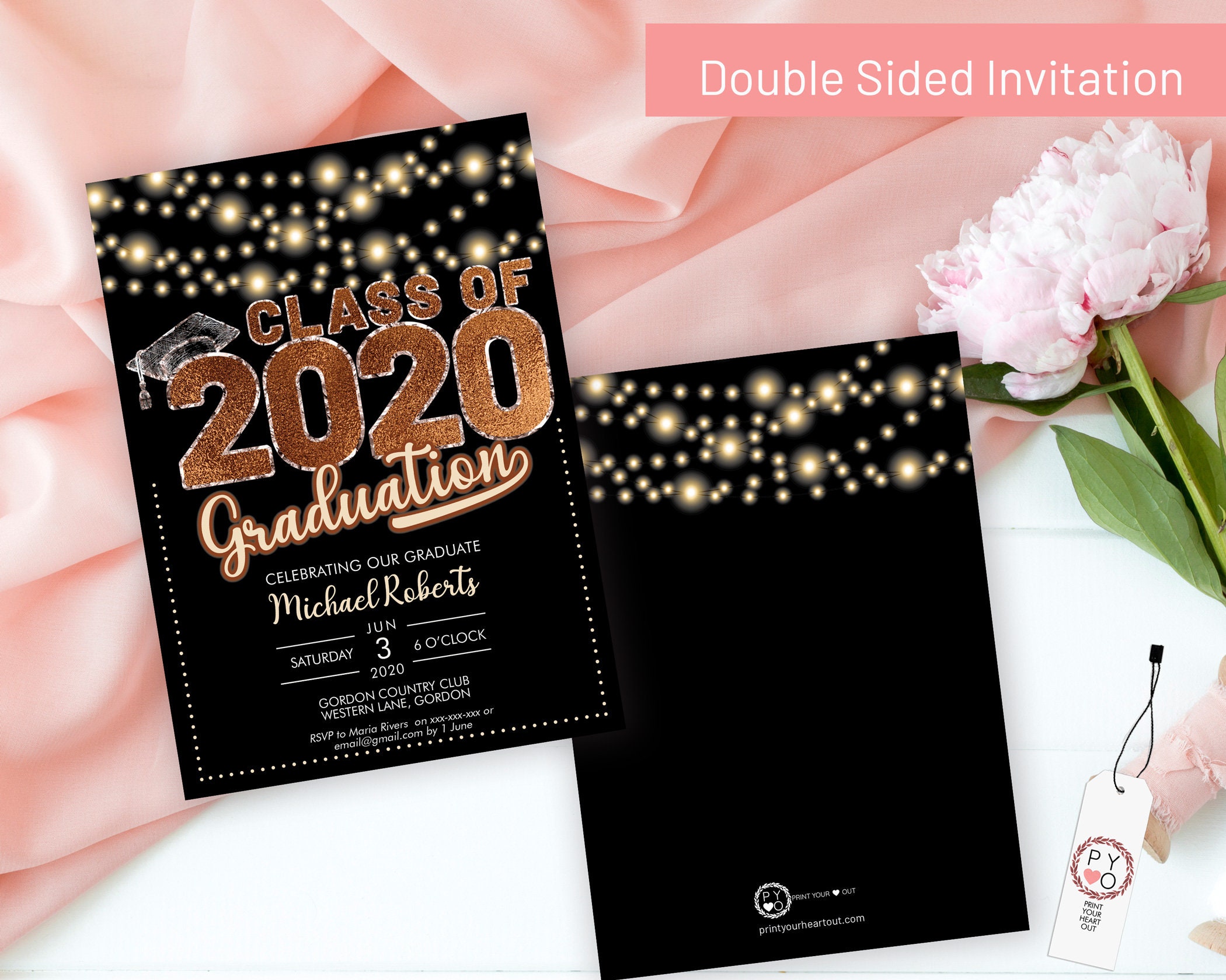 Class of 2020 Copper Graduation Invitation Printable Template, Black Editable Invitation