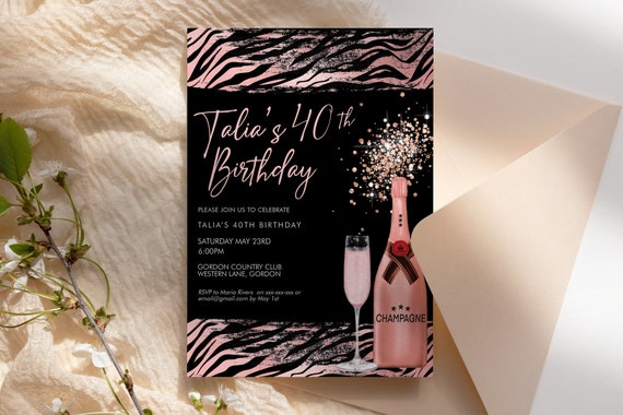 Pink Tiger Champagne Rosegold Glitter Invitation Printable Template, Safari Wild Drinks Glitter Editable Birthday Party Women Printable Card