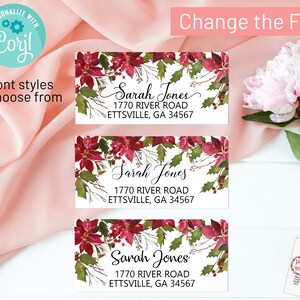 May include: Three rectangular address labels featuring a watercolor poinsettia and holly leaf border. Each label displays the name Sarah Jones, the address 1770 River Road, and the city Ettsville, GA 34567 in three distinct font styles.