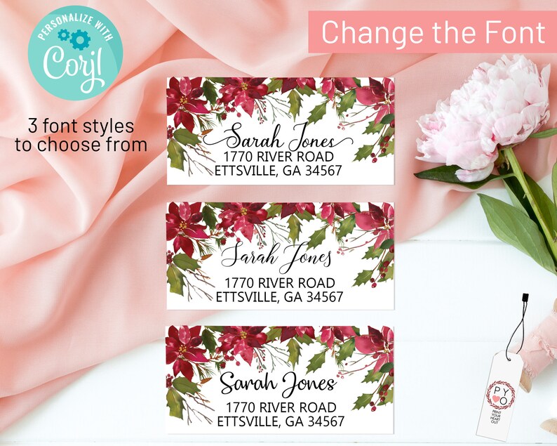 May include: Three rectangular address labels featuring a watercolor poinsettia and holly leaf border. Each label displays the name Sarah Jones, the address 1770 River Road, and the city Ettsville, GA 34567 in three distinct font styles.