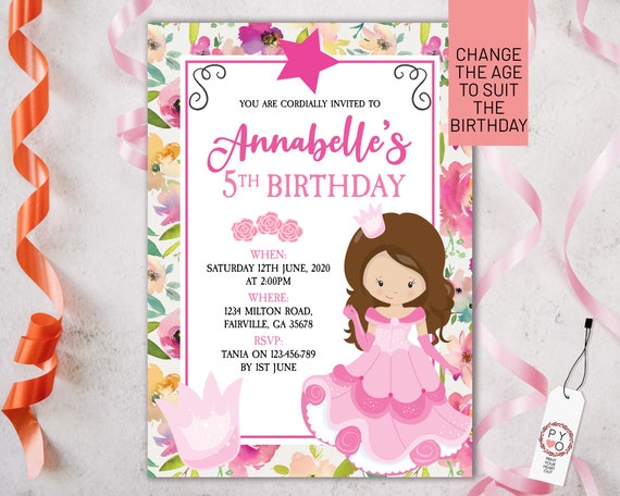 Pink Princess Floral Birthday Invitation Printable Template, Editable Invitation, Any Age Birthday, Pink Crown Party, Girls Age Birthday