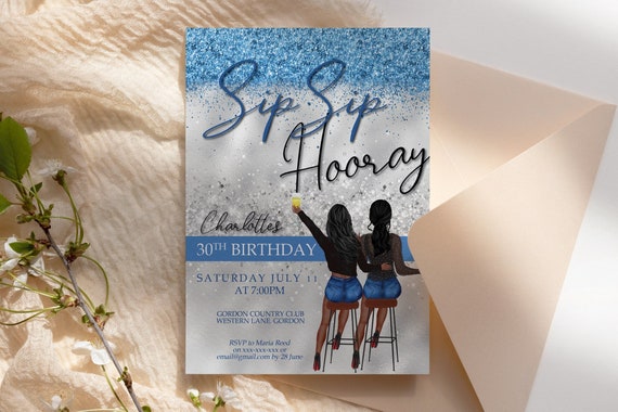 Sip Sip Hooray Girls Blue Silver Glitter Invitation Printable 4 Templates to choose, Drinks Editable Birthday Party Women, Printable Card