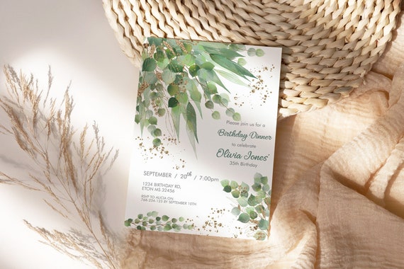 Boho Eucalyptus Tropical Birthday Invitation, Modern Gold Brunch Invite, Printable Lunch Dinner Party, Greenery Leaves Editable Template