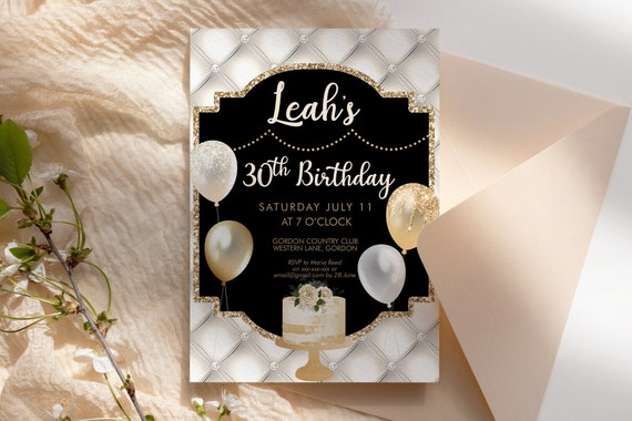 Ivory Gold Glitter Birthday Balloons Invitation Printable Template, Glitter Cake Editable Any Age Party Invitation Women, Printable Card