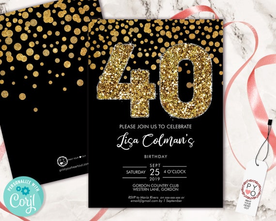 DIY 40th Birthday Confetti Invitation Printable Template, Black Gold Glitter Editable Birthday Party Invitation for Women, Printable