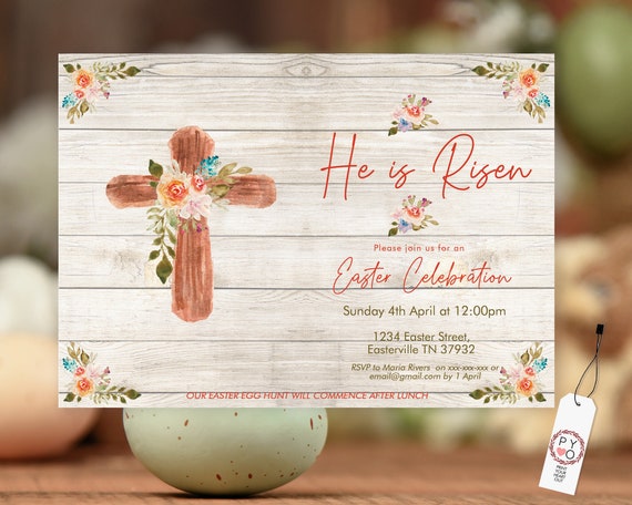 He is Risen Easter Invitation Printable Template, Christian Invitation, Wood Background Floral Invitation, Religious Invite, Floral Cross