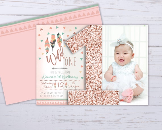 Wild One 1st Birthday Photo Boho Feather Invitation Printable Template, One Editable Birthday Invitation Girls, Pink Glitter First Birthday