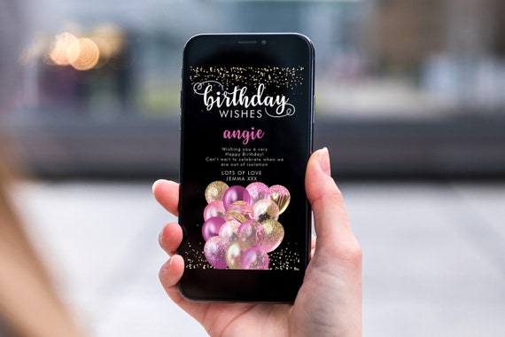 Pink Gold Balloons Electronic Birthday, Smartphone SMS Digital Editable template, EcoFriendly, Electronic Glitter eCard Birthday Greeting