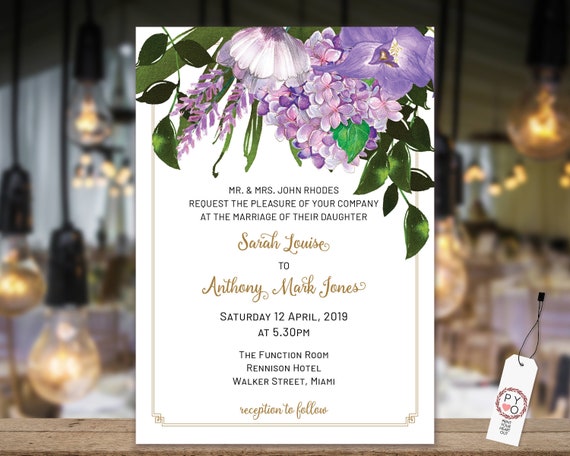 Lavender Floral Wedding Invitation, Purple Invitation, Reception Invitation, Watercolor Flower Invitation, Printable, Editable Template