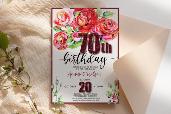 Any Age, 50th 60th 70th 80th 90th 100 Watercolor Red Rose Burgundy Glitter Birthday Invitation Printable, Editable for Women, Floral Invite