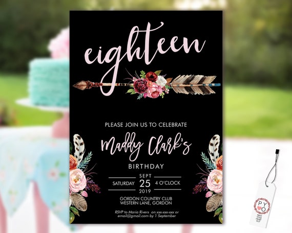 18th Birthday Boho Arrow Invitation Printable Template, Pink Floral Editable Birthday Party Invitation for Women, Printable Invitation