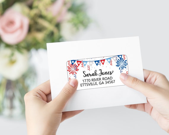 4th July Shipping Labels, Printable Address Labels Template - DIY Avery 4x2 Address Label - Red White Blue Editable Script Envelope Address