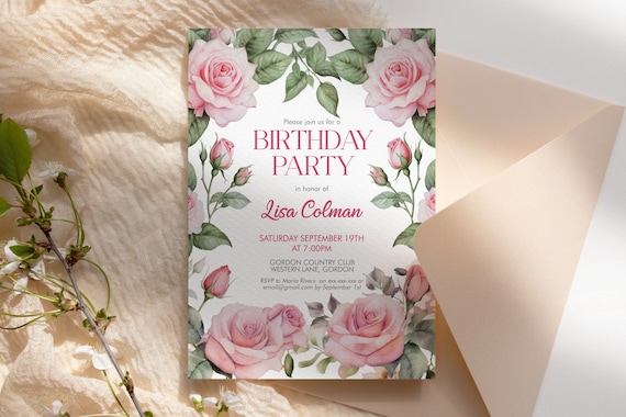 Pink Roses Flowers Invitation Printable Template, Watercolor Editable Birthday Party Invitation for Women, Pastel Border Floral Invite