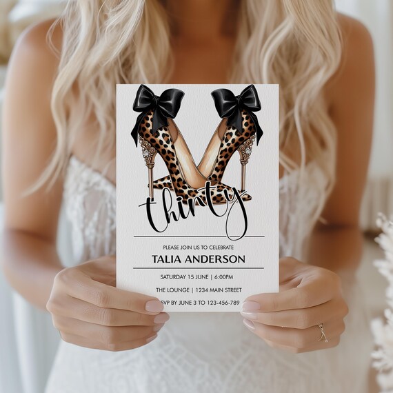 30th Birthday Invitation – Black Bow, Leopard High Heels Minimalist Design (Editable Template)