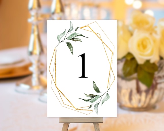 TRY Before You BUY! Gold Frame Leaf Table Number, Greenery Wedding Sign, Botanical Wedding Table Number, Table Sign, Table Number Geometric