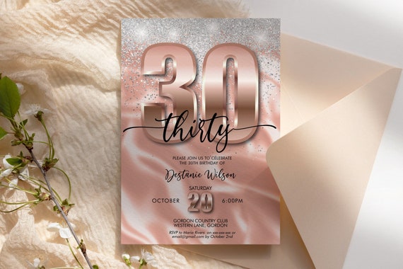 DIY Any Age Birthday Rosegold Silver Glitter Number Invitation Printable Template, Satin Editable Dinner Drinks Party Invitation for Women