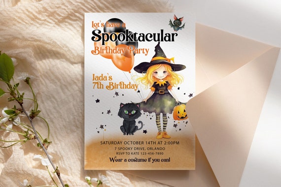 Halloween Cute Witch Kids Birthday Invitation Printable Template, Balloons Pumpkin Party Invite, Printable Spooky Fright Night Spooktacular