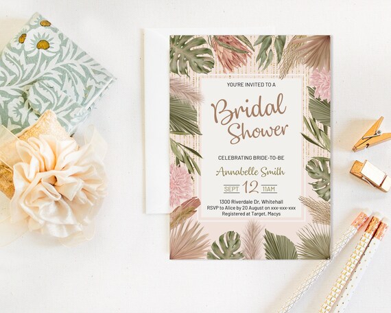 Tropical Leaves Bridal Shower Invitation, King Protea Shower Invitation, Printable Bridal Shower, Pampas Palm Greenery Editable Template