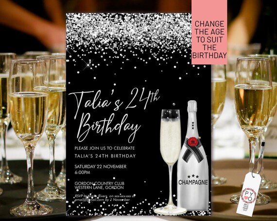 Silver Champagne Glitter Invitation Printable Template, Drinks Cocktails Glitter Editable Birthday Party Invitation Women, Printable Card