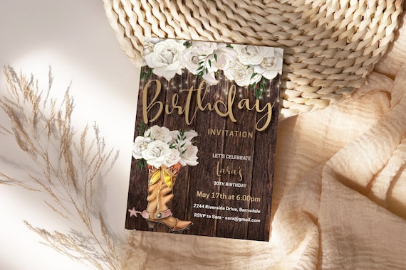 Country Birthday White Roses Cowgirl Boot Invitation Printable Template, Cream Floral Editable Barn Party Invite for Women, Printable Party