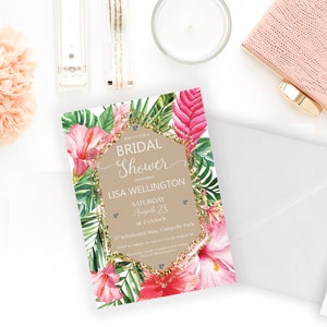 May include: A tropical-themed bridal shower invitation with pink hibiscus flowers, green palm leaves, and gold glitter accents. The text reads "Join us for a Bridal Shower Honoring Lisa Wellington Saturday August 28 at 2 o'clock 57 Windward Way, Claigville Park".