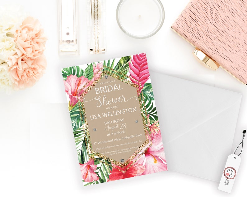 May include: A tropical-themed bridal shower invitation with pink hibiscus flowers, green palm leaves, and gold glitter accents. The text reads "Join us for a Bridal Shower Honoring Lisa Wellington Saturday August 28 at 2 o'clock 57 Windward Way, Claigville Park".