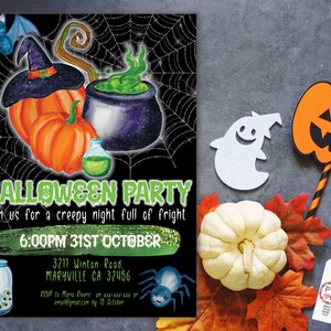 May include: Halloween party invitation with watercolor illustrations. Features a witch's hat, pumpkins, cauldron, and spiderwebs. The text reads "Halloween Party" and includes event details. Additional Halloween-themed decorations are also present.