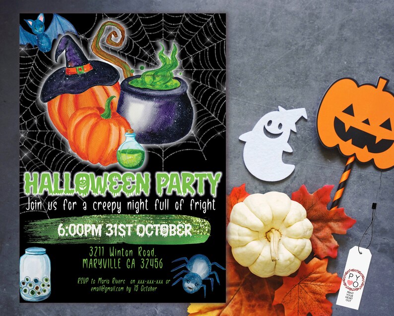 May include: Halloween party invitation with watercolor illustrations. Features a witch's hat, pumpkins, cauldron, and spiderwebs. The text reads "Halloween Party" and includes event details. Additional Halloween-themed decorations are also present.