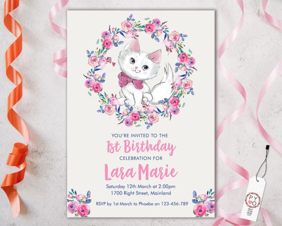 Pink Kitten 1st Birthday Floral Invitation Printable Template, Editable Invitation, Any Age Birthday, White Cat DIY Party, Girls Birthday