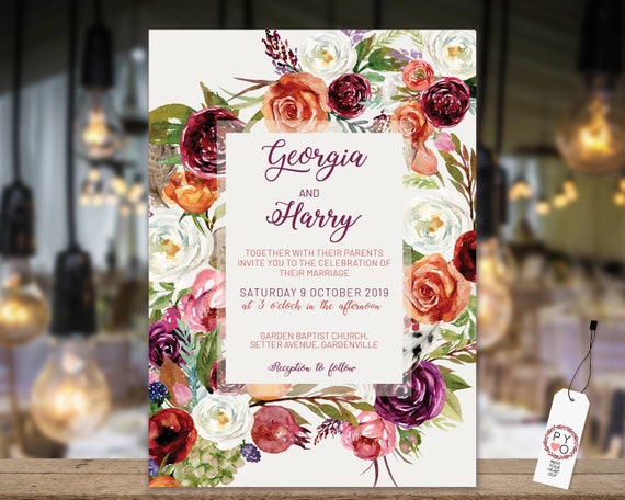 Autumn Floral Wedding Invitation, Fall Invitation, Rehearsal Invitation, Watercolor Flower Invitation,Winter Wedding, Editable Template
