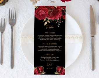 Red Roses Wedding Menu: Black Floral Design (DIY Editable, Printable)