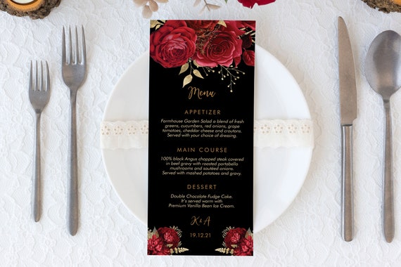 Red Roses Black Floral Wedding Menu, DIY Editable Menu, Menu Cards, Printable Menu, Wedding Menu, Party Food Menu Download, Flowers Menu