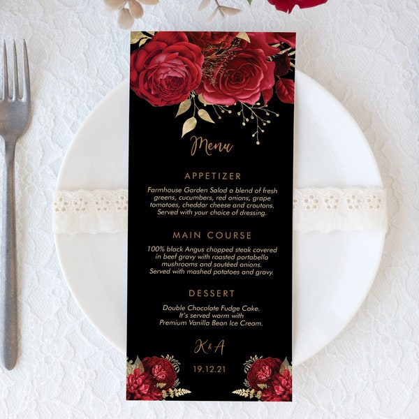 Red Roses Black Floral Wedding Menu, DIY Editable Menu, Menu Cards, Printable Menu, Wedding Menu, Party Food Menu Download, Flowers Menu