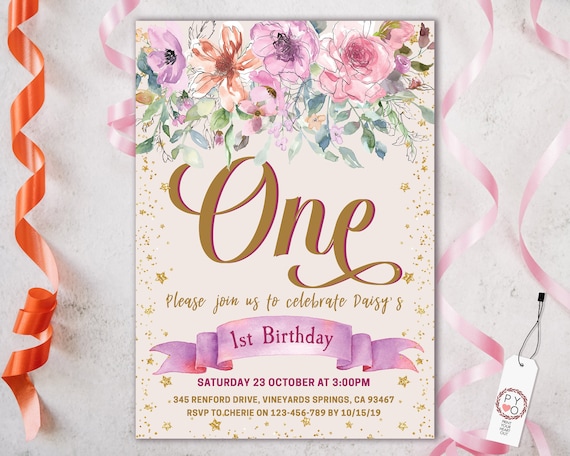 1st Birthday Pink Banner Flowers Invitation Printable Template, One Editable Invitation, Gold Glitter Stars First Birthday, Purple Floral