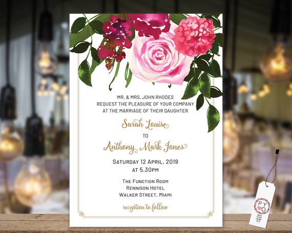 Pink Floral Wedding Invitation, Rose Invitation, Reception Invitation, Watercolor Flower Invitation, Printable Pink Rose, Editable Template
