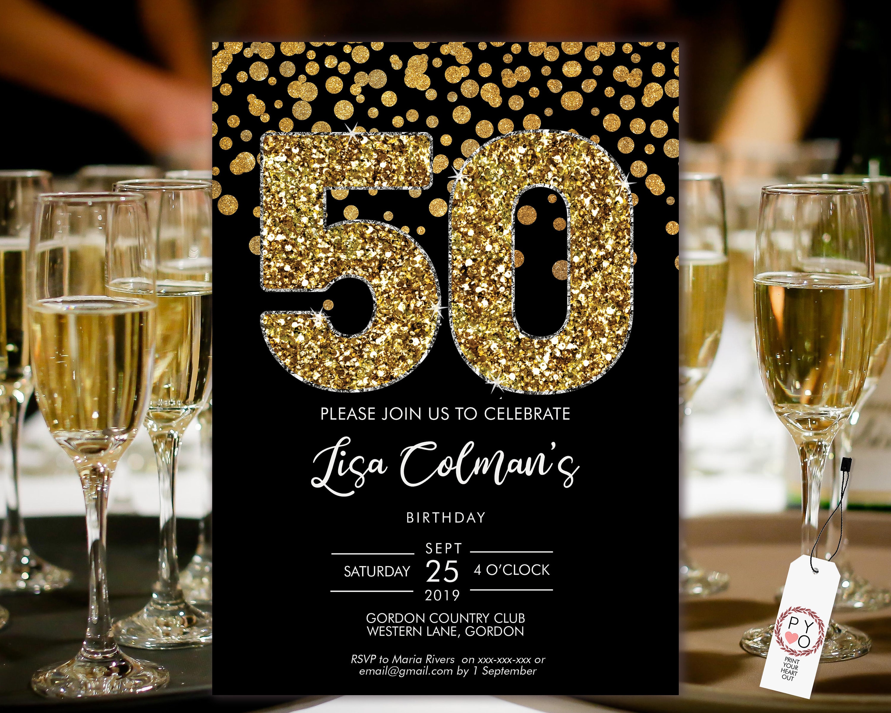 DIY 50th Birthday Confetti Invitation Printable Template, Black Gold
