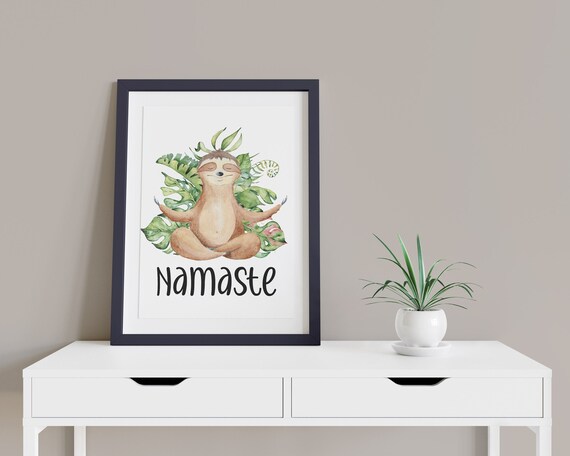 Namaste Sloth Yoga Art Digital Print | Printable Plant Art | Entry Hall Art Print | Tropical Wall Art | Relaxation Print | Yoga Room Art