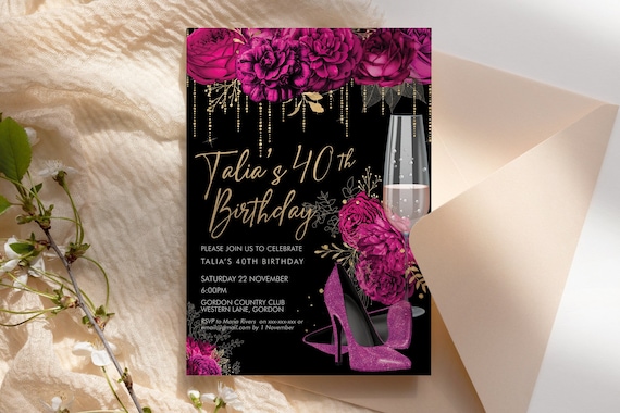 Hot Pink Glitter Stiletto Champagne Birthday Invitation Printable Template, Magenta Shoes Editable Party Dinner Women, Any Age Heels Invite