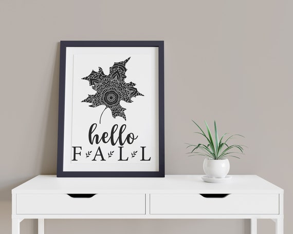 Hello Fall Black White Modern Leaf Digital Print | Printable Autumn Art | DIY Mandela Wall Art | Contemporary Style Art | Instant Download