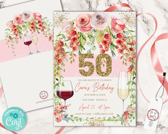 Garden Gold Wine Birthday 50 Invitation Printable Template, Fifty Gold Glitter Editable 50th Birthday Dinner for Women, Printable FloralCard