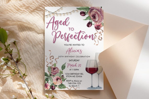 Wine Birthday Invitation Rosegold White Template, Aged to Perfection Rose Editable Birthday Party Invite Women, Printable Champagne Glass