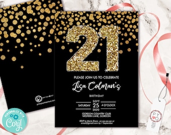 Modèle d'invitation pour 21 ans : confettis scintillants en or noir (imprimable)