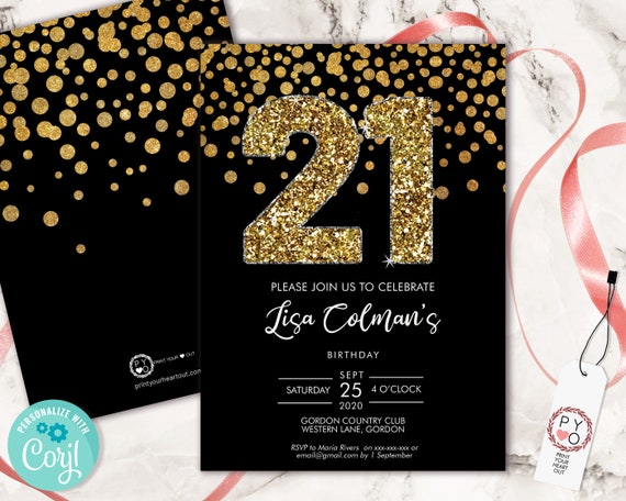 DIY 21st Birthday Confetti Invitation Printable Template, Black Gold Glitter Editable Birthday Party Invitation for Women, Printable