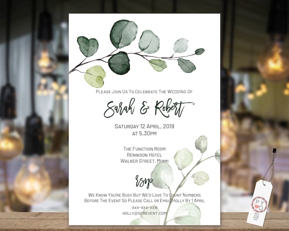 Greenery Wedding invitation, Botanical Wedding invitation, Text Invitation, Leaves Invitation, Eucalyptus Invitation, Editable Template