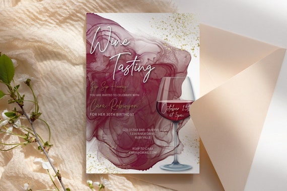 Wine Tasting Birthday Invitation Printable Template, Gold Glitter Burgundy Maroon Red Wine Editable Party Invite, Drink Dinner Party Card