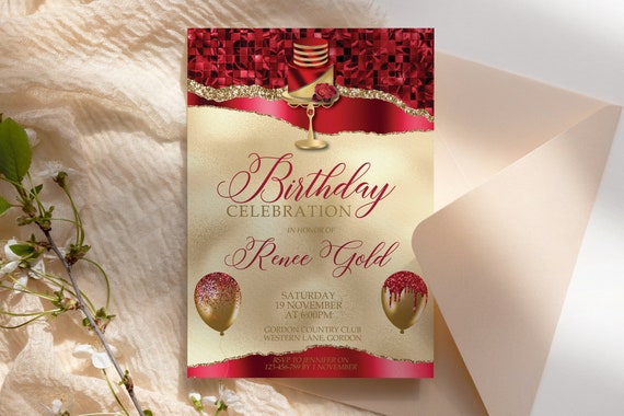 Red Gold Cake Birthday Invitation Printable Template, Scarlett Gold Glitter Editable Party for Women, Any Age Invite, Bright Balloons Foil