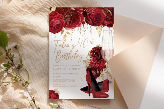 Red Gold Glitter Stiletto Champagne Birthday Invitation White Template, Scarlet Shoes Editable Party Dinner Women, Any Age Heels Invite