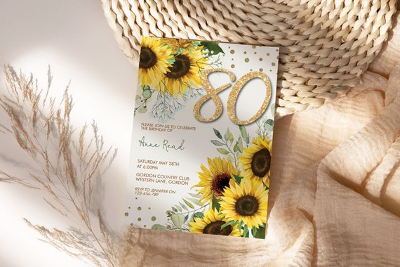 Any Age 50th 60th 70th 80th 90th 100th Birthday Sunflower Gold Glitter Number Floral Invitation Template, Yellow Editable Party Invite Women